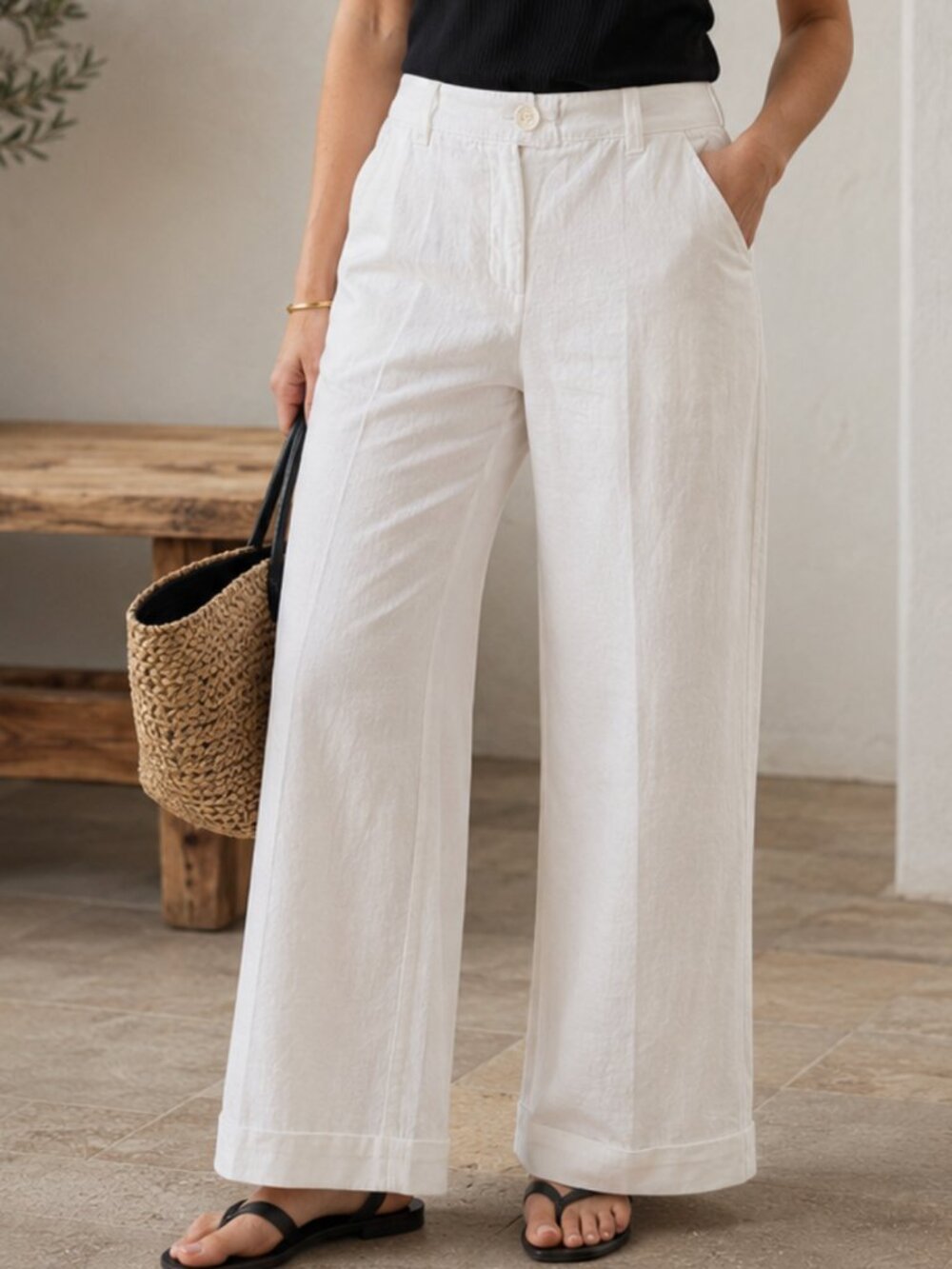 Vintage Y2K White Linen Cotton Wide Leg Trousers 14P Cuffed Quiet Luxury Coastal